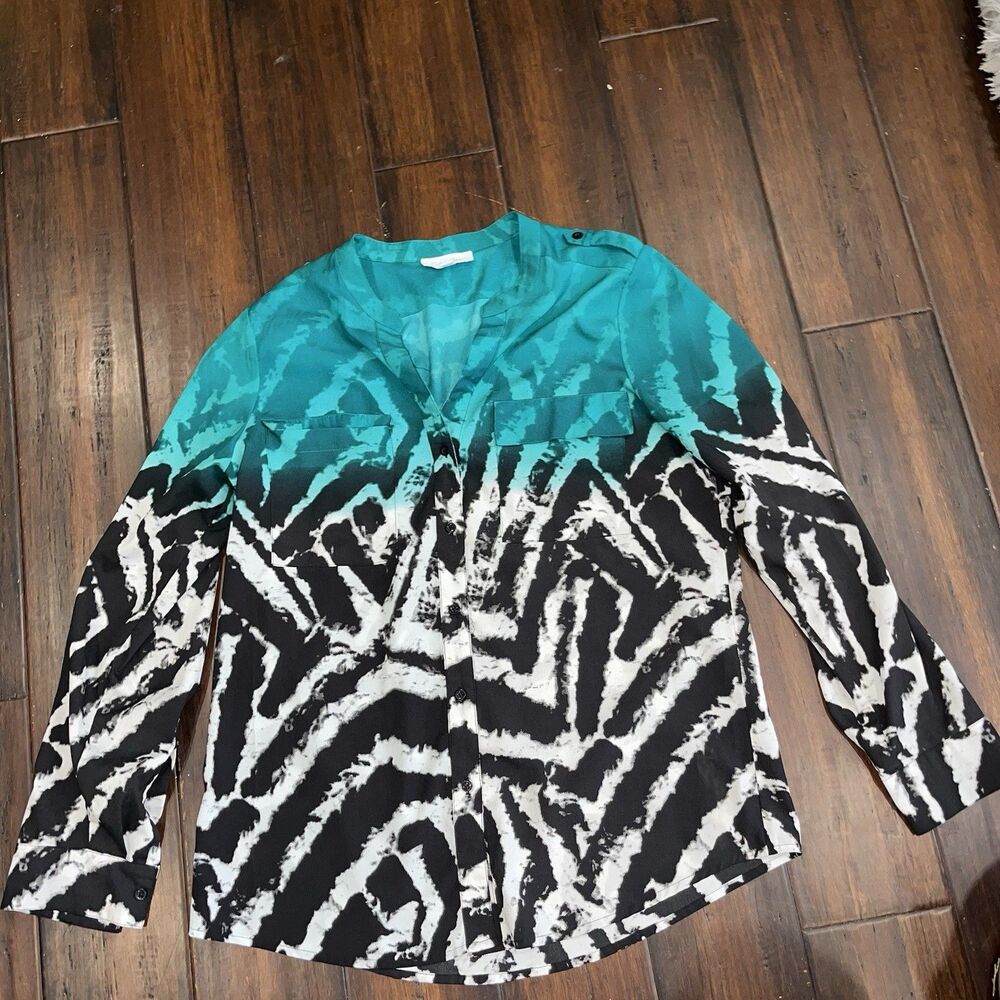 CALVIN KLEIN Womens Sz M Black Green Animal Print Ombré Long Sleeve Shirt